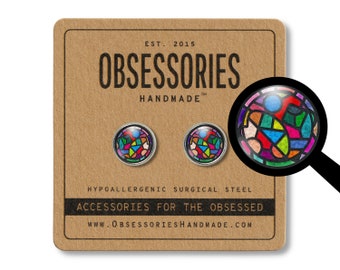 Pendientes de vidrieras, pendientes de botón de cristal, joyería de cristal, vidrieras, vidrieras geométricas, bloques de color arcoíris, bloques de color