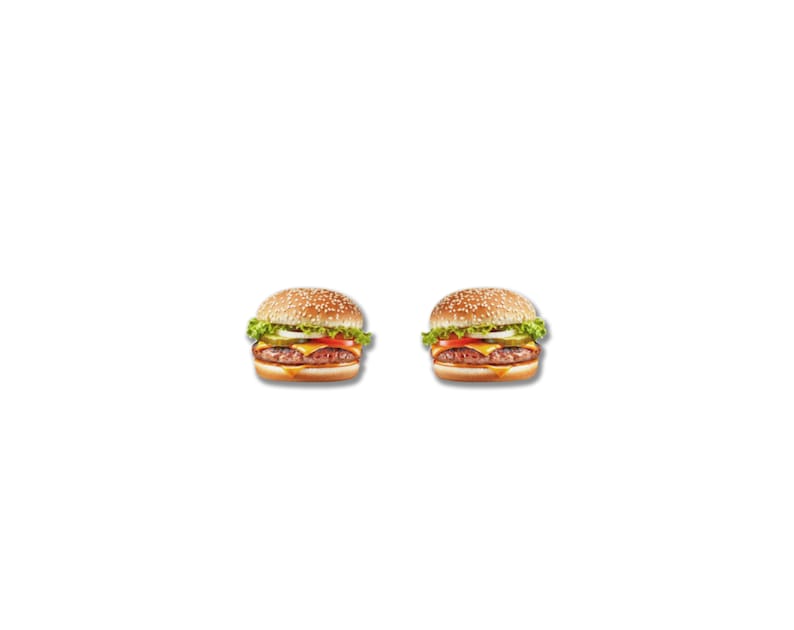 May include: Two sesame seed bun hamburgers with lettuce, tomato, cheese, and a double patty. The burgers are on a white background.
