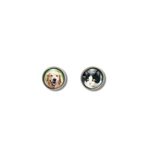 May include: A pair of silver earrings with a round image of a golden retriever dog on one earring and a black and white cat on the other earring.