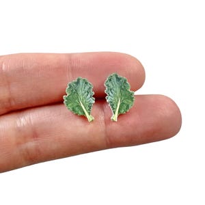 May include: Two leaf-shaped earrings. Each earring is a detailed miniature of a green kale leaf with a textured surface and a light green stem. The earrings are small, likely for pierced ears.