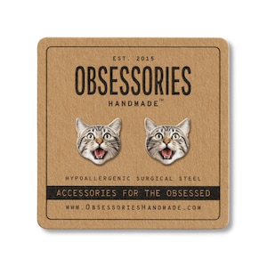 Funny Cat Earrings Grey Tabby Cat Stud Earrings Gray Cat Jewelry Cat Gift For Cat Mom Gift For Cat Lover Gift For Her Crazy Cat Lady Gifts