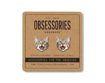 Funny Cat Earrings Grey Tabby Cat Stud Earrings Gray Cat Jewelry Cat Gift For Cat Mom Gift For Cat Lover Gift For Her Crazy Cat Lady Gifts