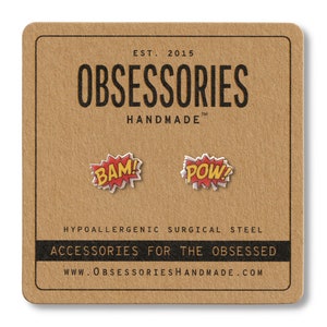 Bam Pow Boucles d&#39;oreilles bande dessinée Puces d&#39;oreilles livre bijoux accessoires livre effet sonore super-héros super héros rétro geek geek nerd idée cadeau