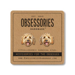 Pu&ograve; includere: Una scheda quadrata, marrone chiaro, con il testo "OBSESSORIES HANDMADE" e due orecchini a forma di faccia di cane. La scheda include anche il testo "ACCESSORIES FOR THE OBSESSED" e "HYPOALLERGENIC SURGICAL STEEL". &Egrave; incluso anche l'indirizzo del sito web.