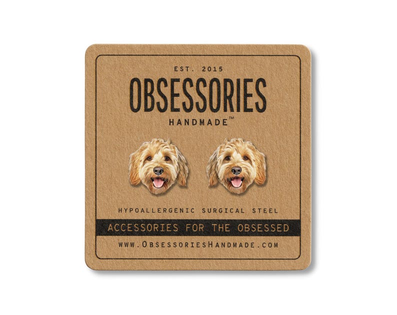 Pu&ograve; includere: Una scheda quadrata, marrone chiaro, con il testo "OBSESSORIES HANDMADE" e due orecchini a forma di faccia di cane. La scheda include anche il testo "ACCESSORIES FOR THE OBSESSED" e "HYPOALLERGENIC SURGICAL STEEL". &Egrave; incluso anche l'indirizzo del sito web.