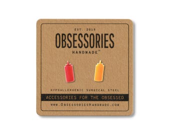Ketchup & Mustard Stud Earrings Jewelry BBQ Barbecue Hamburger Cheeseburger Hot Dog Hotdog French Fries French Fry Quirky Kitschy Gift Idea