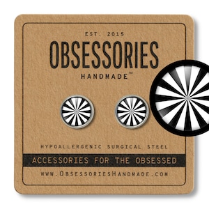 May include: A pair of black and white spiral earrings on a brown card with the text "OBSESSORIES HANDMADE" and "ACCESSORIES FOR THE OBSESSED".