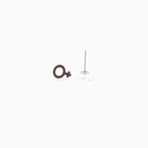 May include: A pair of stud earrings featuring the female gender symbol. The earrings have a dark brown outline with a white center. One earring is displayed upright, showing the post and backing.