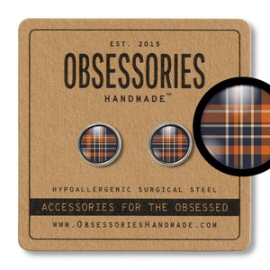 Navy Blue Plaid Earrings Fall Earrings Navy Plaid Stud Earrings Post Fall Studs Plaid Jewelry Fall Jewelry Blue Orange Plaid Flannel Jewelry