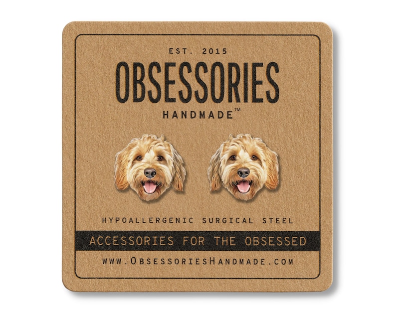 Pu&ograve; includere: Una scheda quadrata marrone con il testo "OBSESSORIES HANDMADE" e due illustrazioni di facce di cane. La scheda include anche il testo "EST. 2015", "HYPOALLERGENIC SURGICAL STEEL", "ACCESSORIES FOR THE OBSESSED" e un indirizzo web.