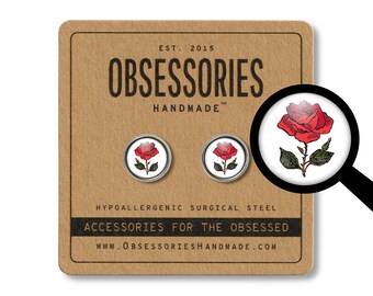 Red Rose Earrings Rose Stud Earrings Rose Jewelry Rose Stem Flower Earrings Flower Studs Valentines Day Earrings Day Studs Day Jewelry Gift