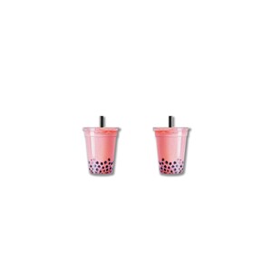 May include: Two clear plastic cups filled with pink bubble tea, each with a black straw. The tea contains dark purple tapioca pearls. The cups are set against a white background.