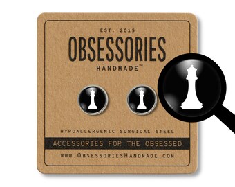 Queen Chess Piece Stud Earrings Post Chess Jewelry Chess Gift Chess Game Piece Jewelry Chess Board Game Boardgame Chessboard Black & White