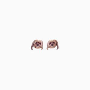 May include: A pair of small, brown dog-shaped earrings. Each earring features a detailed depiction of a dog's face, with visible fur texture and facial features. The earrings are set against a plain white background.