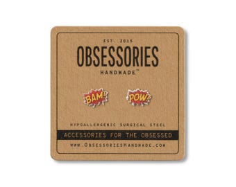 Pendientes de cómic Bam Pow, pendientes de botón, joyería de libros, accesorios de libros, efecto de sonido, superhéroe, retro, friki, nerd, idea de regalo