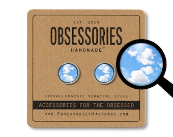 Pendientes de nube, pendientes de botón de nube blanca, joyería de nube esponjosa, regalo de nube, pendientes de cielo azul brillante, pendientes de cielo despejado, joyería de cielo, clima de verano