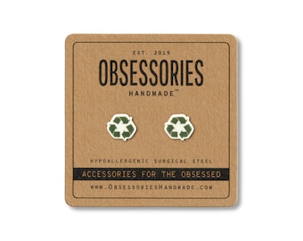 Orecchini a bottone Green Recycle, gioielli riciclati, simbolo del riciclaggio, logo, riciclaggio ecologico, salva il pianeta, festa della mamma, regalo ambientalista