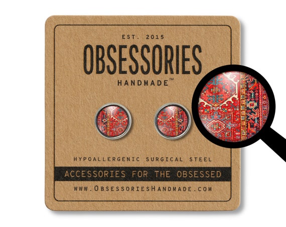 Red Vintage Antique Persian Rug Oriental Rug Turkish Rug Kilim Rug Boho Earrings Boho Stud Earrings Boho Jewelry Boho Gift Bohemian Hippy