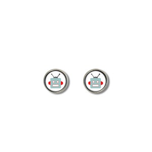 May include: A pair of silver robot earrings with red accents. The robot face is light blue with black eyes and a black mouth.