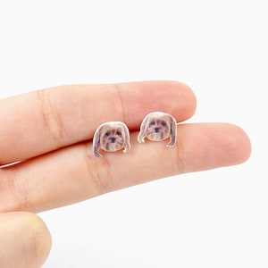 May include: A pair of small, dog-shaped stud earrings. The earrings feature a detailed illustration of a dog's face with brown and tan fur. The earrings are held in a person's hand against a white background.