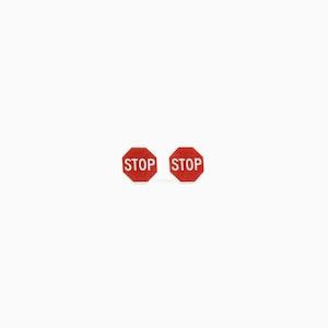May include: Two red octagon-shaped earrings with the word "STOP" in white block letters. The earrings are a miniature version of a stop sign. The earrings are set against a white background.