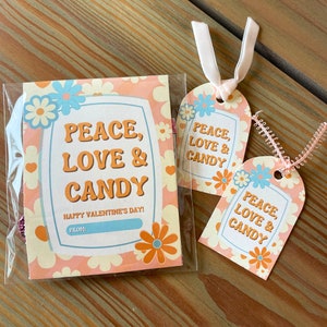 AFDRUKBARE Valentijn, vredesliefde en snoep, Groovy Valentines kaart, Groovy Valentines Tag, Class Valentine