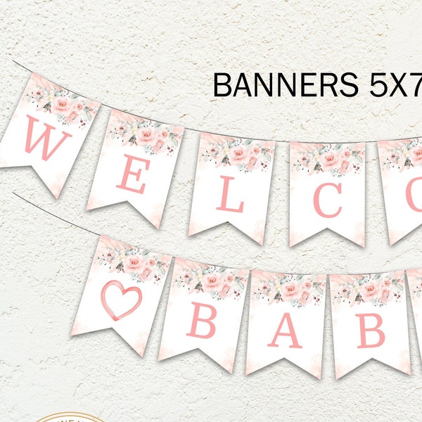 Boho Floral Welcome Baby Banner, Editable Blush Pink Floral Baby Shower Banner, Printable Floral Pennants, Digital Download  B006