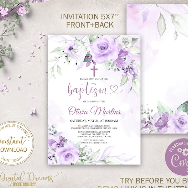 Editable Lavender Baptism Invitation,  Lavender Floral Christening Invitation Girl, Bohemian First Holy Communion Girl Invitation B009