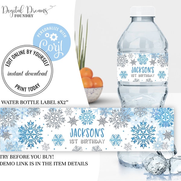 Editable Blue and Silver Snowflakes Water Bottle Label, Winter Snowflake Birthday Party Decoration, Snowflake Party Bottle Decoration B024