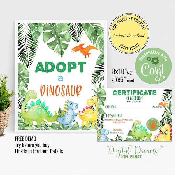 Adopt a Dinosaur Birthday Sign, Colorful Dinosaur Certificate of Adoption, Editable Birthday Table Decoration, Dino Party Decoration,  B008