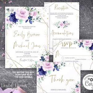 Lavender & Navy Blue Floral Wedding Invitation Set, Editable Romantic Wedding Invitation with Gold Frame,  W043