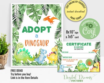 Adopt a Dinosaur Birthday Sign, Colorful Dinosaur Certificate of Adoption, Editable Birthday Table Decoration, Dino Party Decoration,  B008