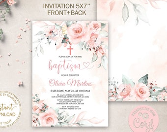 Editable Blush Pink Baptism Invitation,  Pink Floral Christening Invitation Girl, Bohemian First Holy Communion Girl Invitation B006