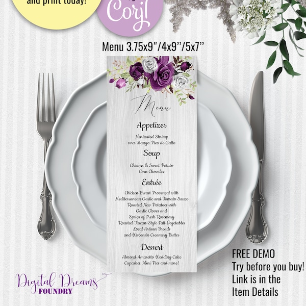 Editable Template Menu Card Purple Floral Table Decoration Printable Rustic Dinner Menu Romantic Wedding Decoration Shower Decoration W012