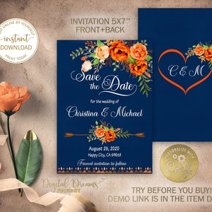 Editable Template Navy Blue Save the Date Invitation, Orange Floral Wedding, Boho Save the Date, Country Wedding, Romantic Wedding EW017