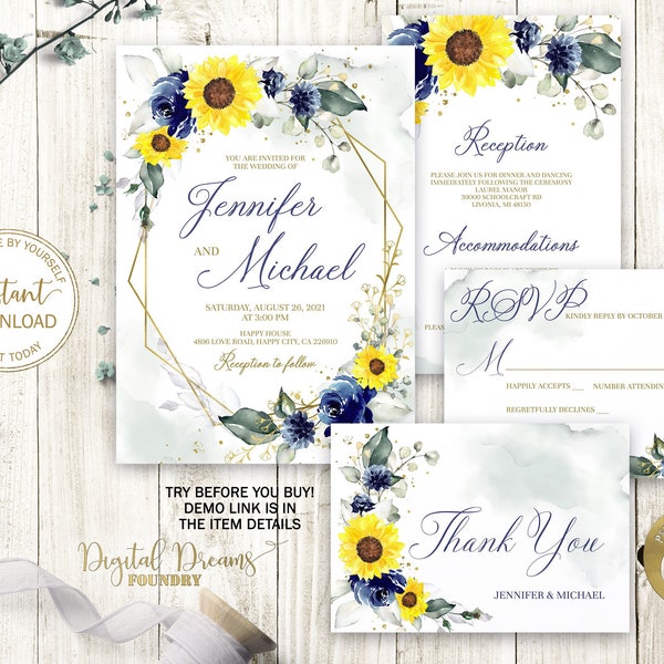 Navy Blue Sage Green & Sunflowers Wedding Invitation Set, Editable Rustic Wedding Invitation, Geometric Wedding, Boho Wedding Theme W015