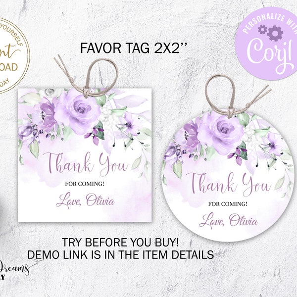 Editable Purple Floral Favor Tag, Lavender Thank You Tag, Boho Party Favor Tag, Floral Gift Tag, B009