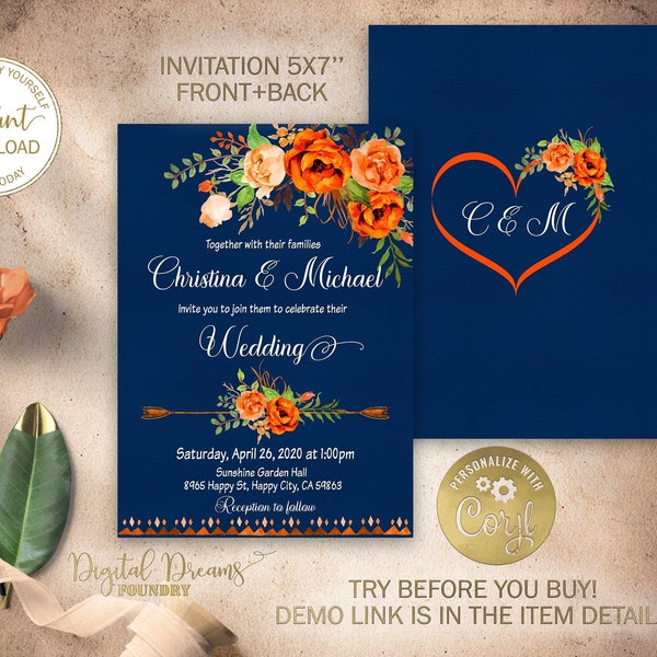 Orange Floral Wedding Invitation Editable Template, Rustic Wedding Invitation, Romantic Wedding, Navy Blue and Orange Theme,  EW017
