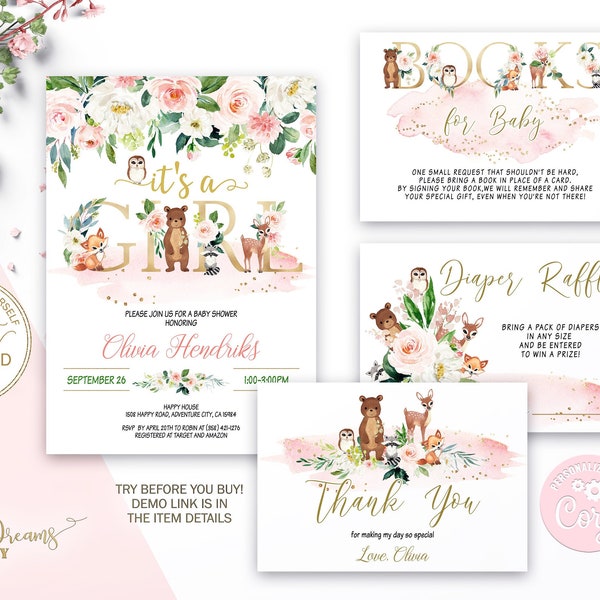 Editable Woodland Baby Shower Invitation Girl, Blush Pink Floral Baby Shower Set, Woodland Animals, Its a Girl, Forest Theme EB029