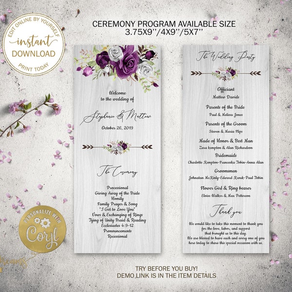 Editable Purple Floral Wedding Program, Plum and White Floral Ceremony Program, Wedding Party Decoration, Order of service W012