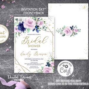Navy Blue & Lavender Bridal Shower Invitation, Editable Purple and Gold Floral Bridal Shower, Romantic Wedding Theme, W043