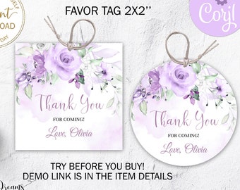Editable Purple Floral Favor Tag, Lavender Thank You Tag, Boho Party Favor Tag, Floral Gift Tag, B009