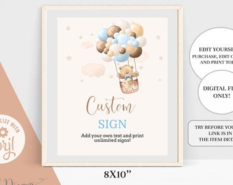 Editable Blue & Brown Bear Hot Air Balloon Custom Sign, Printable Boho Teddy Bear with Balloons Baby ShowerTable Signs, B021