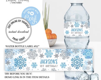 Editable Blue and Silver Snowflakes Water Bottle Label, Winter Snowflake Birthday Party Decoration, Snowflake Party Bottle Decoration B024