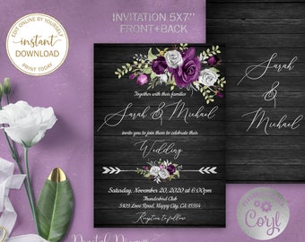 Faire-part de mariage floral violet modèle modifiable mariage Boho imprimable inviter mariage romantique mariage rustique pays mariage W012