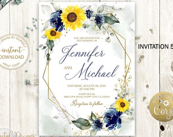 Editable Geometric Wedding Invitation, Sunflowers Wedding Invite, Boho Wedding Theme, Rustic Wedding, Navy Blue Floral Wedding W015