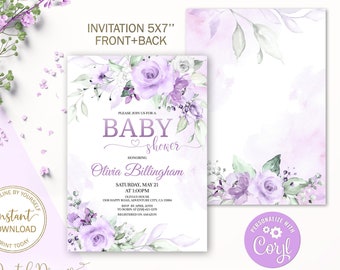 Editable Lavender Baby Shower Invitation,  Lavender Garden Party Invitation, Bohemian Purple Floral Baby Announcement Invitation B009