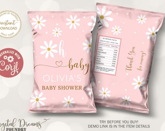 Boho Daisy Chip Bag, Editable Retro Daisy Baby Shower Treats Bag Wrapper, Baby Shower Chips Pouch Favors Party Decoration B020