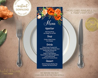 Editable Template Wedding Menu Card, Orange Floral Table Decoration, Printable Dinner Menu, Boho Wedding Party Shower Decor EW017