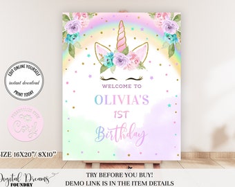 Editable Rainbow Unicorn Welcome Sign, Fairytale 1st Birthday Girl Welcome Poster, Magical Unicorn Birthday Party Decoration B007